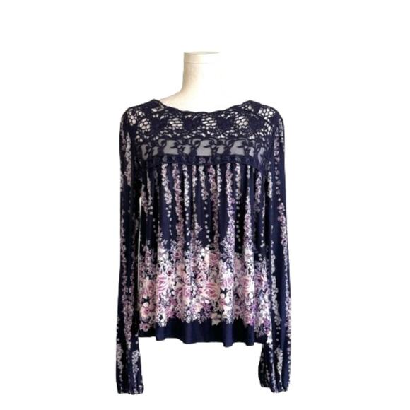 Living Doll Blue Pink Floral Lace Long Sleeve Boho Blouse Top Size Large NEW - Picture 1 of 13